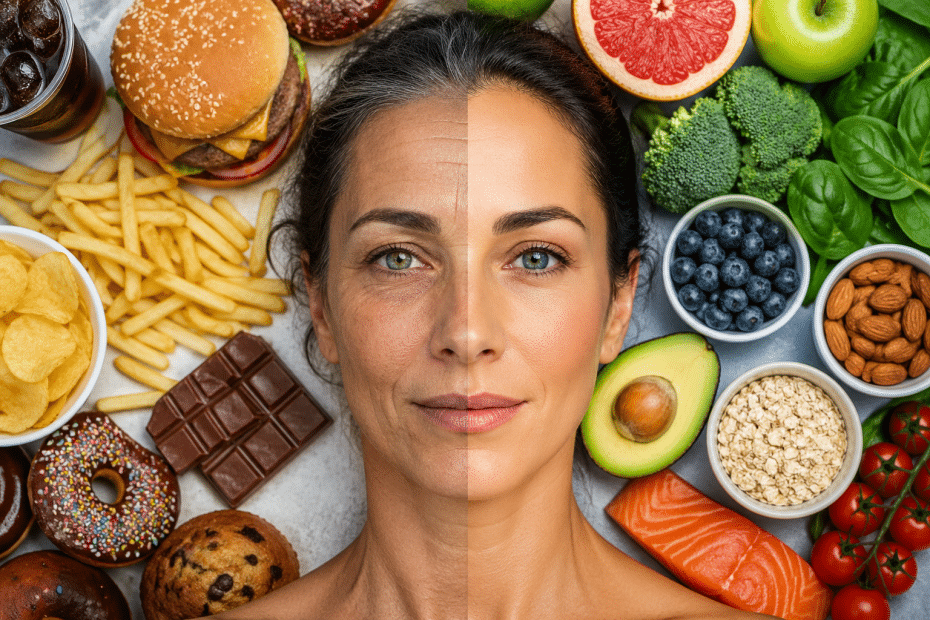 Split-face portrait showing aging left side and healthy skin right side, surrounded by junk foods on the left and wholesome foods on the right.