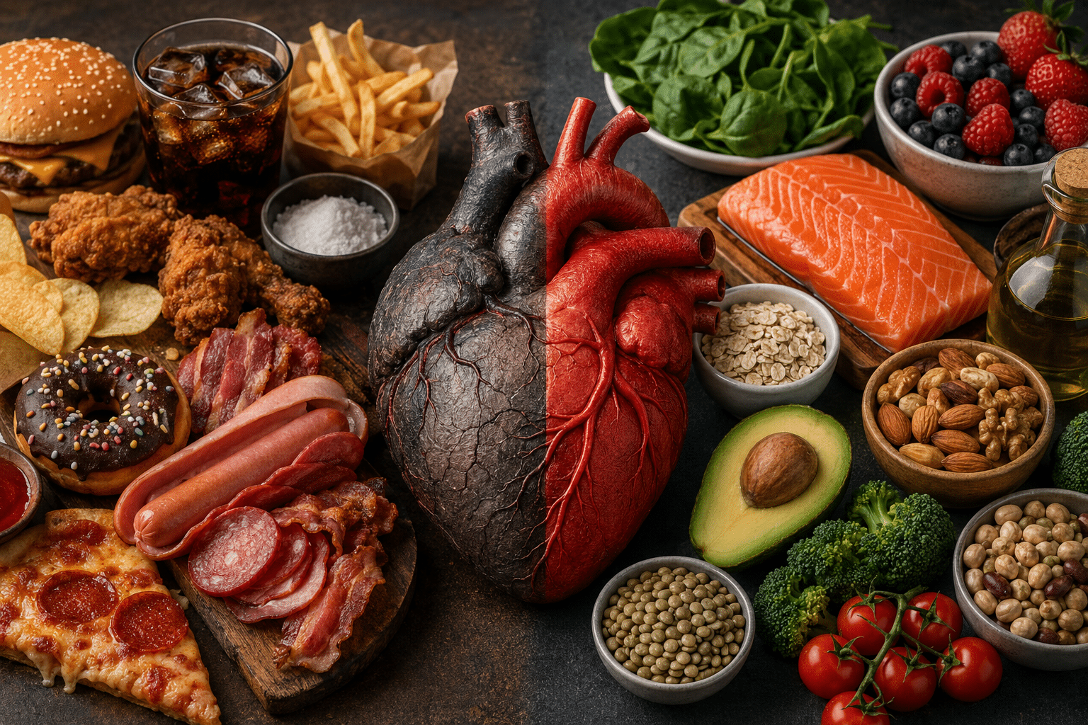 A heart split in two, with a dark, blackened left side and a bright red right side, surrounded by junk foods on the left and healthy foods on the right to contrast diet choices.