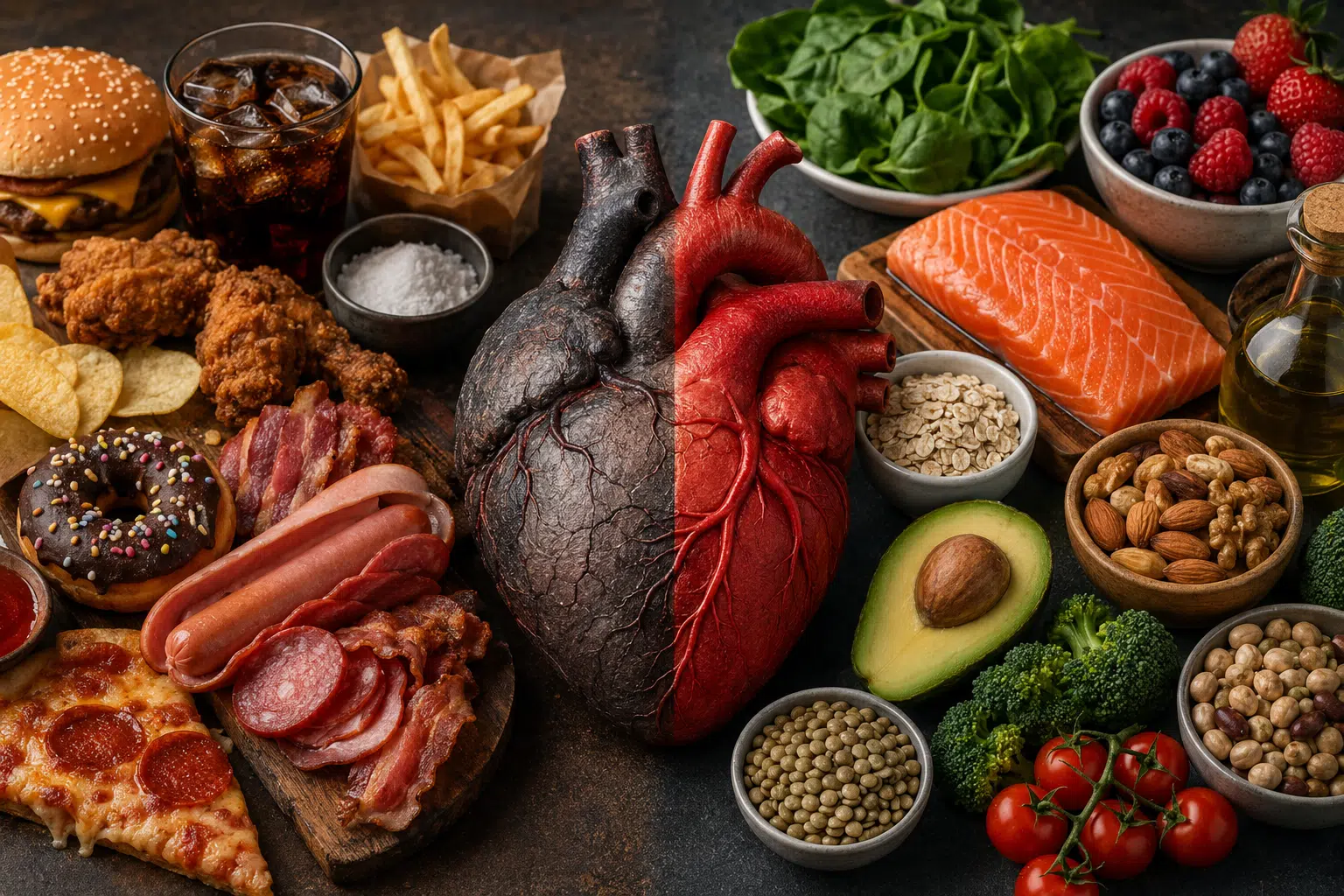 A heart split in two, with a dark, blackened left side and a bright red right side, surrounded by junk foods on the left and healthy foods on the right to contrast diet choices.