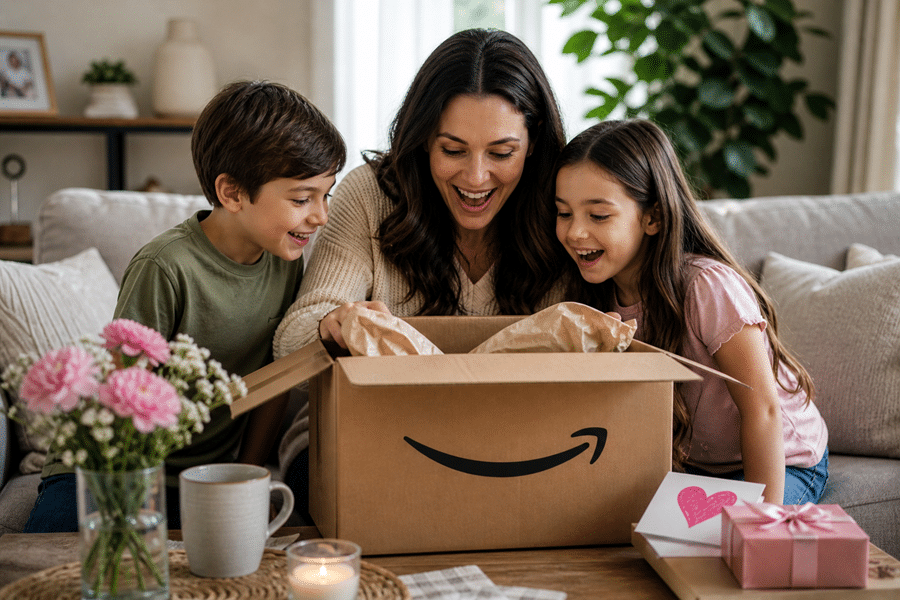 A smiling woman and two kids open an Amazon box on a coffee table with flowers, gifts, and a candle nearby at home, surprised by what's inside.