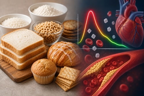 Refined carbohydrates including white bread and pasta that cause blood sugar spikes and raise heart disease risk