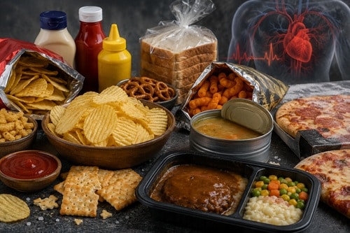 Heavily salted ultra-processed snack foods including chips and crackers high in sodium and cardiovascular risk