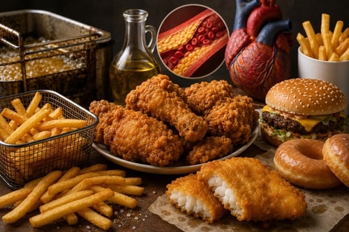 Fried fast foods high in saturated fat including french fries and fried chicken linked to heart disease
