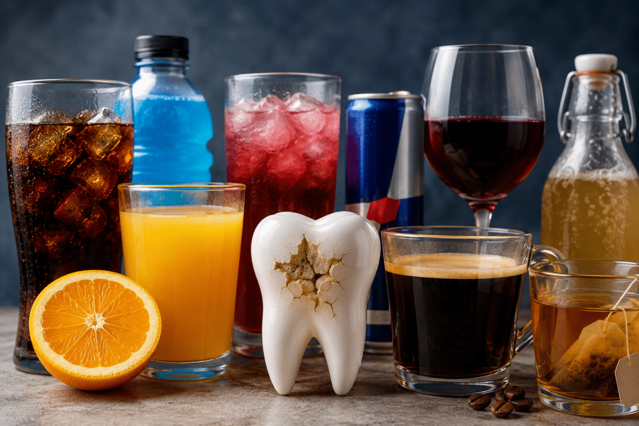 Assorted drinks (orange juice, soda, wine, coffee) arranged around a cracked tooth prop centered on a table, highlighting dental health themes amidst beverages.