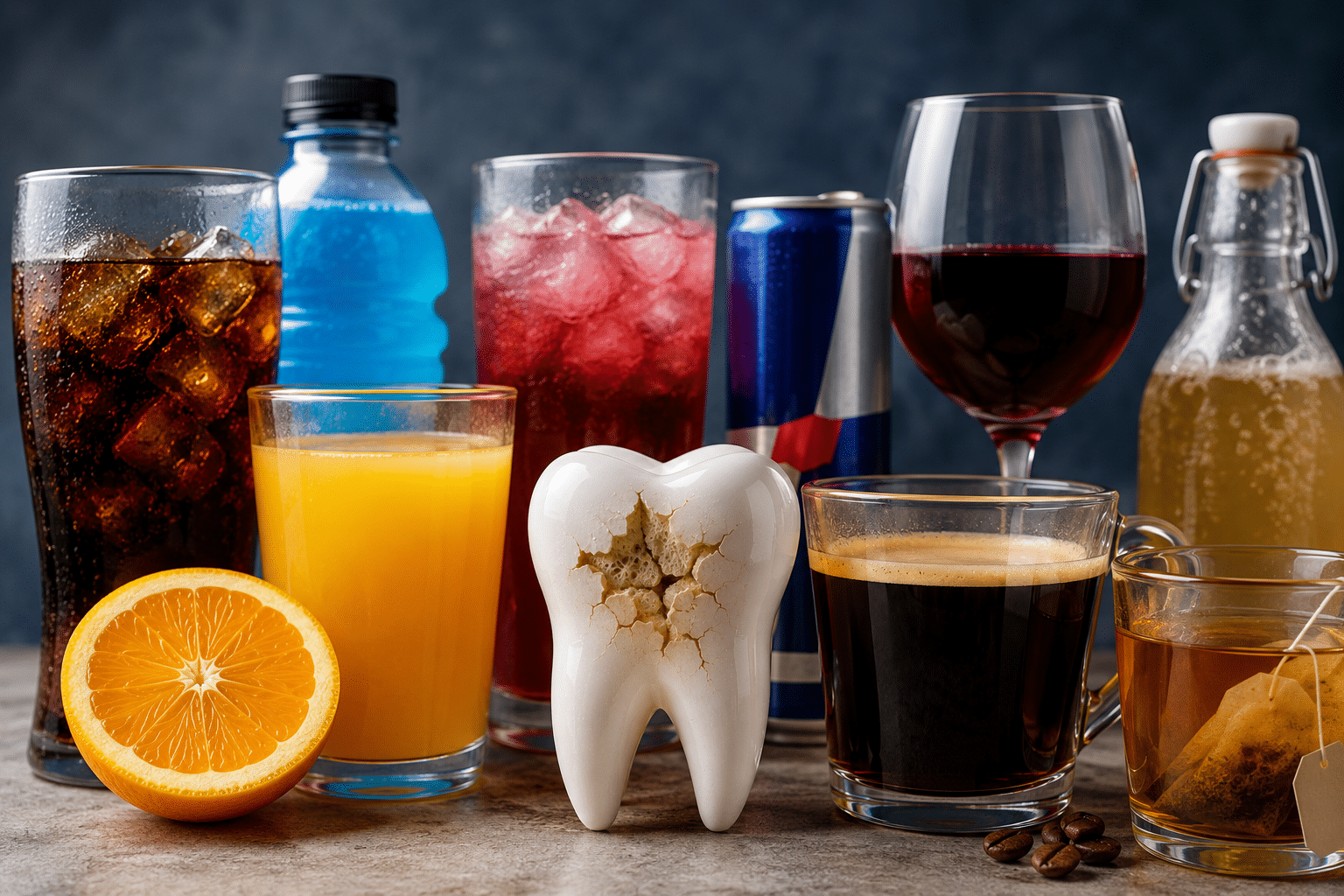 Assorted drinks (orange juice, soda, wine, coffee) arranged around a cracked tooth prop centered on a table, highlighting dental health themes amidst beverages.