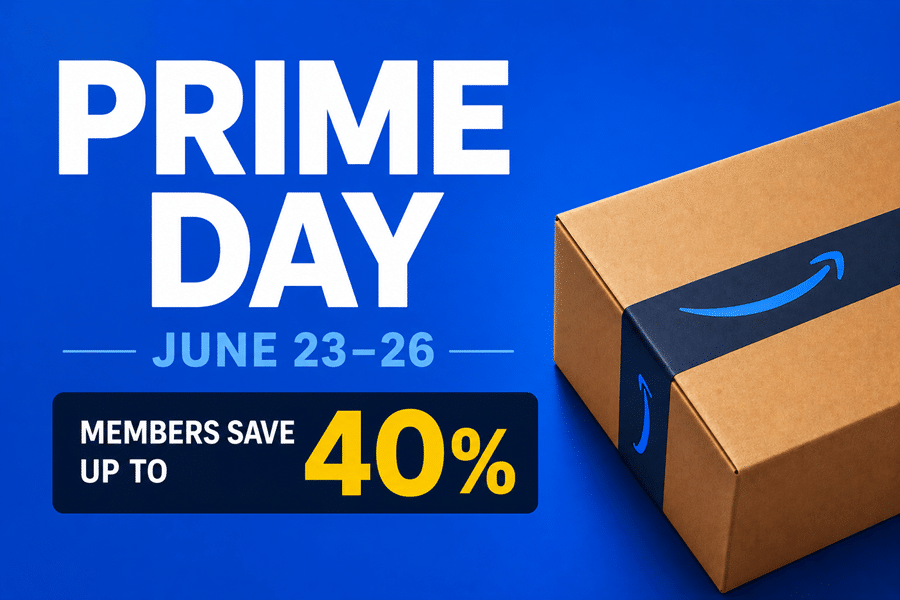 Prime Day sale banner on a blue background with June 23–26 dates and a cardboard Amazon box to the right.